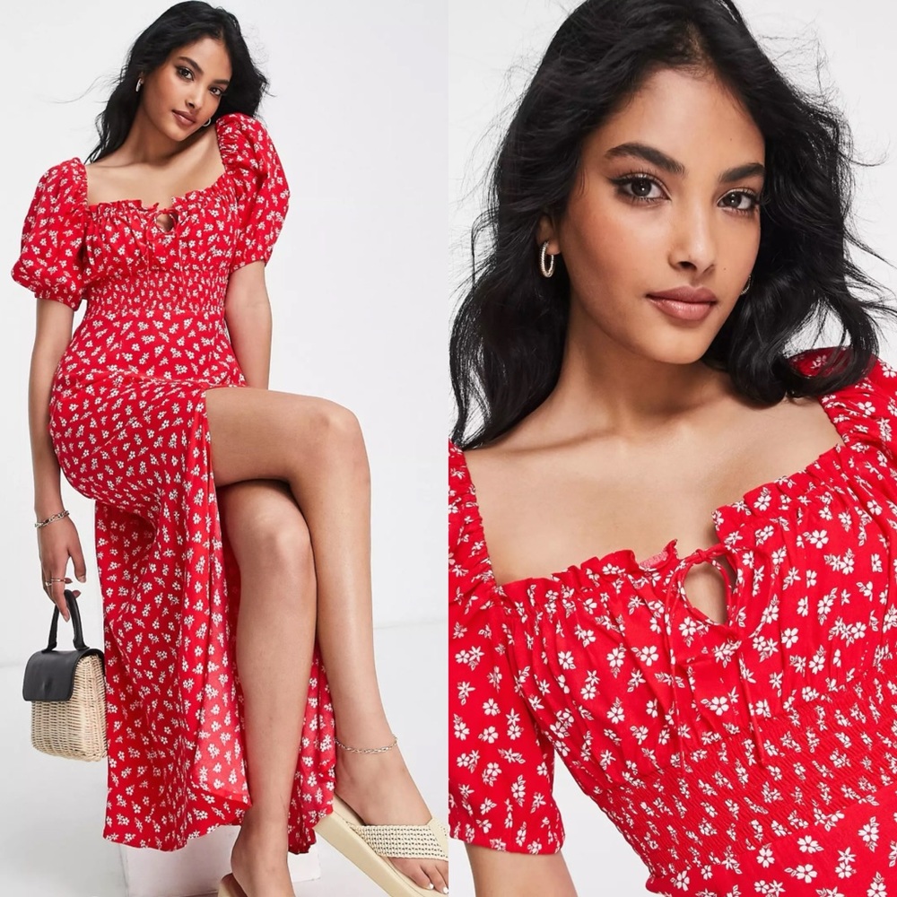 & Other Stories smocked bodice midi dress ditsy Floral in red side slit size 8